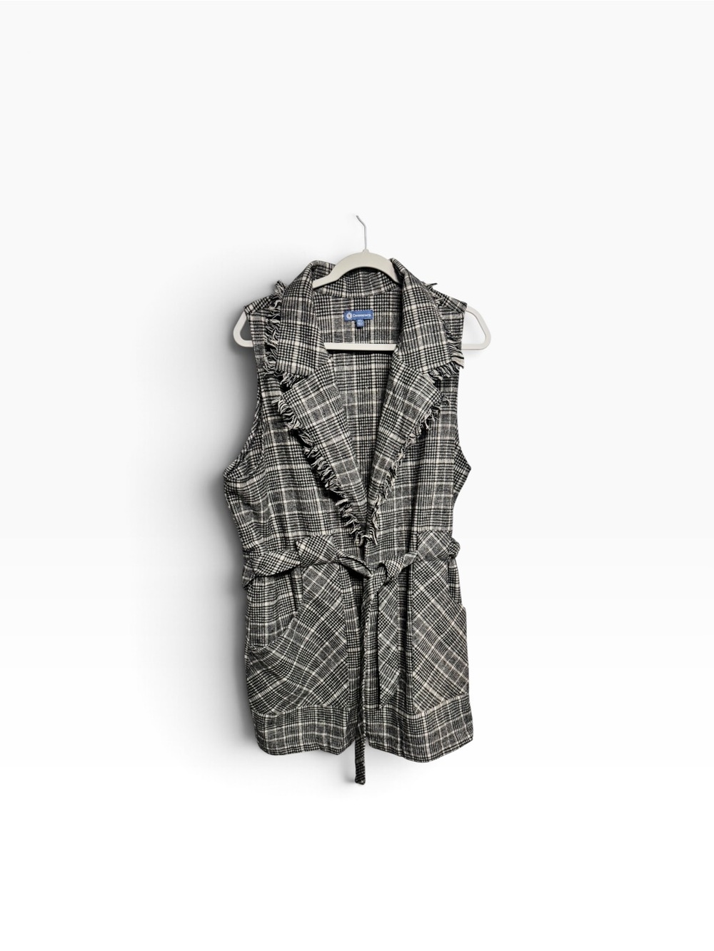 Democracy Plaid Fringe Longline Vest XL Black Gray Cream Belted Boho Western